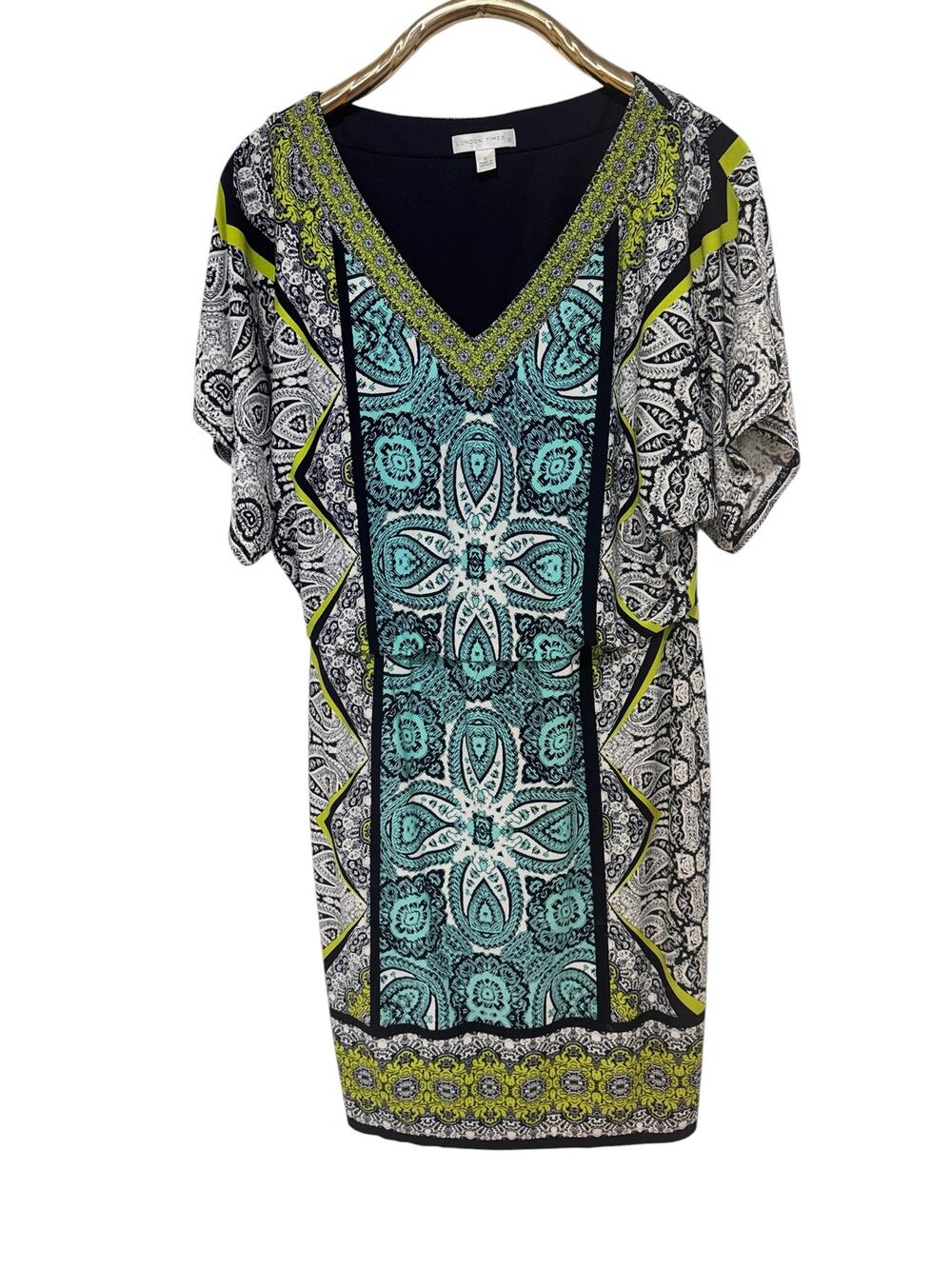 London Times Bold Medallion Print Dolman Sleeve V-Neck Dress 8